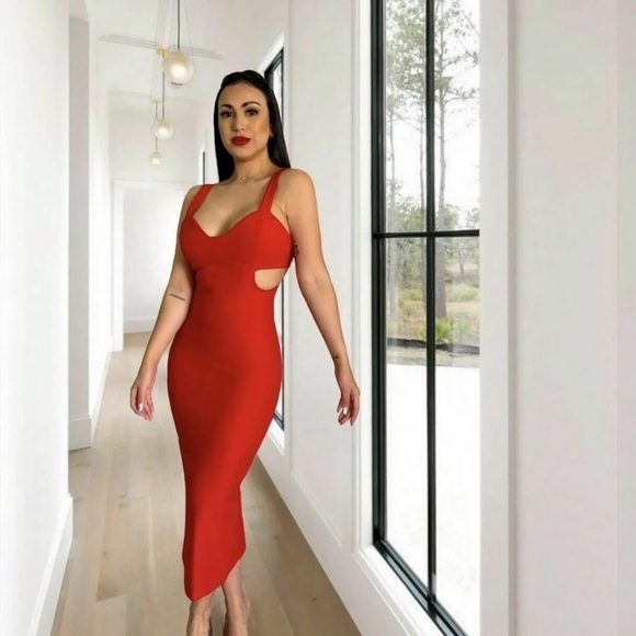 ZARA Blogger Favorite Red Cutout Strappy Bodycon Midi Dress XS NWT Valentines - Picture 7 of 16